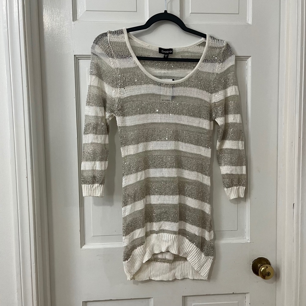 Bebe Y2K Metallic Stripe Sweater M Sequin Sparkly Shimmer